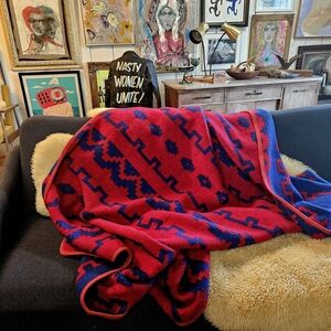 Vintage 1970s Midcentury AZTEC Style XL Plush Throw Blanket Reversible